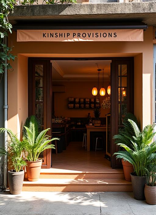 The warm and inviting entrance of the Kinship Provisions store.